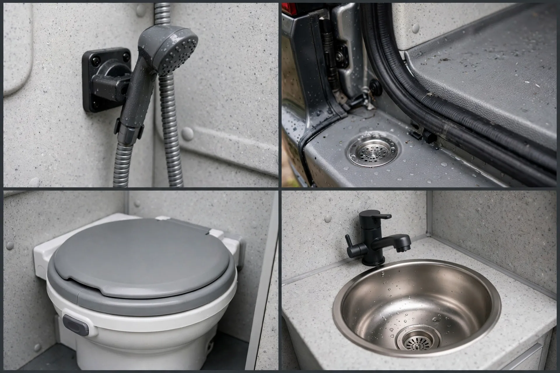 Close-up details of a rear-door camper van shower bay: shower hose, door seal and drain, toilet and sink