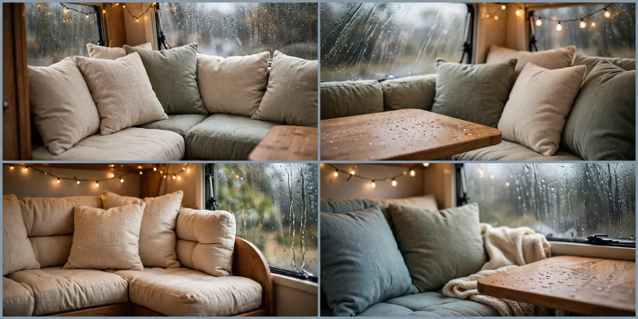 Close-up details of the U-shaped RV family lounge: plump cushions, small table, string lights and rain-streaked window