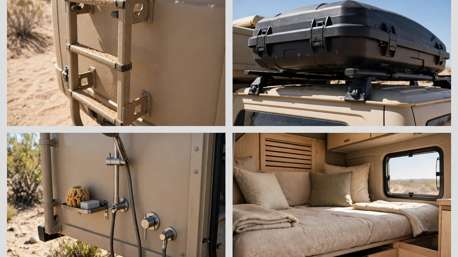Four-panel detail collage of the Dune Buggy Sprinter showing sand ladders, cargo box, outdoor shower and lounge bed