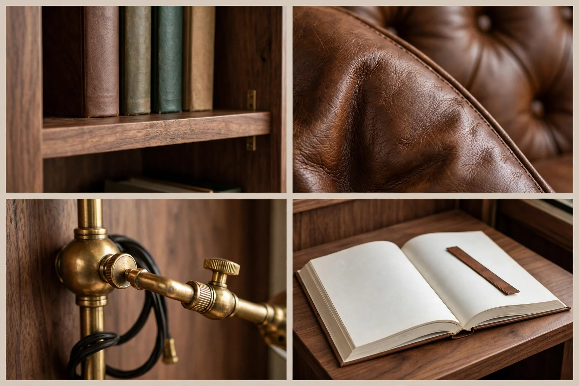 Detail collage of walnut bookshelf, leather armchair, brass lamp and open book on a desk