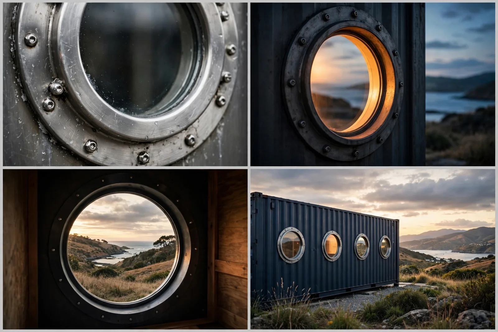 Four-panel collage of the portholes: steel rim close-up, dusk glow, interior view looking out, row from a distance
