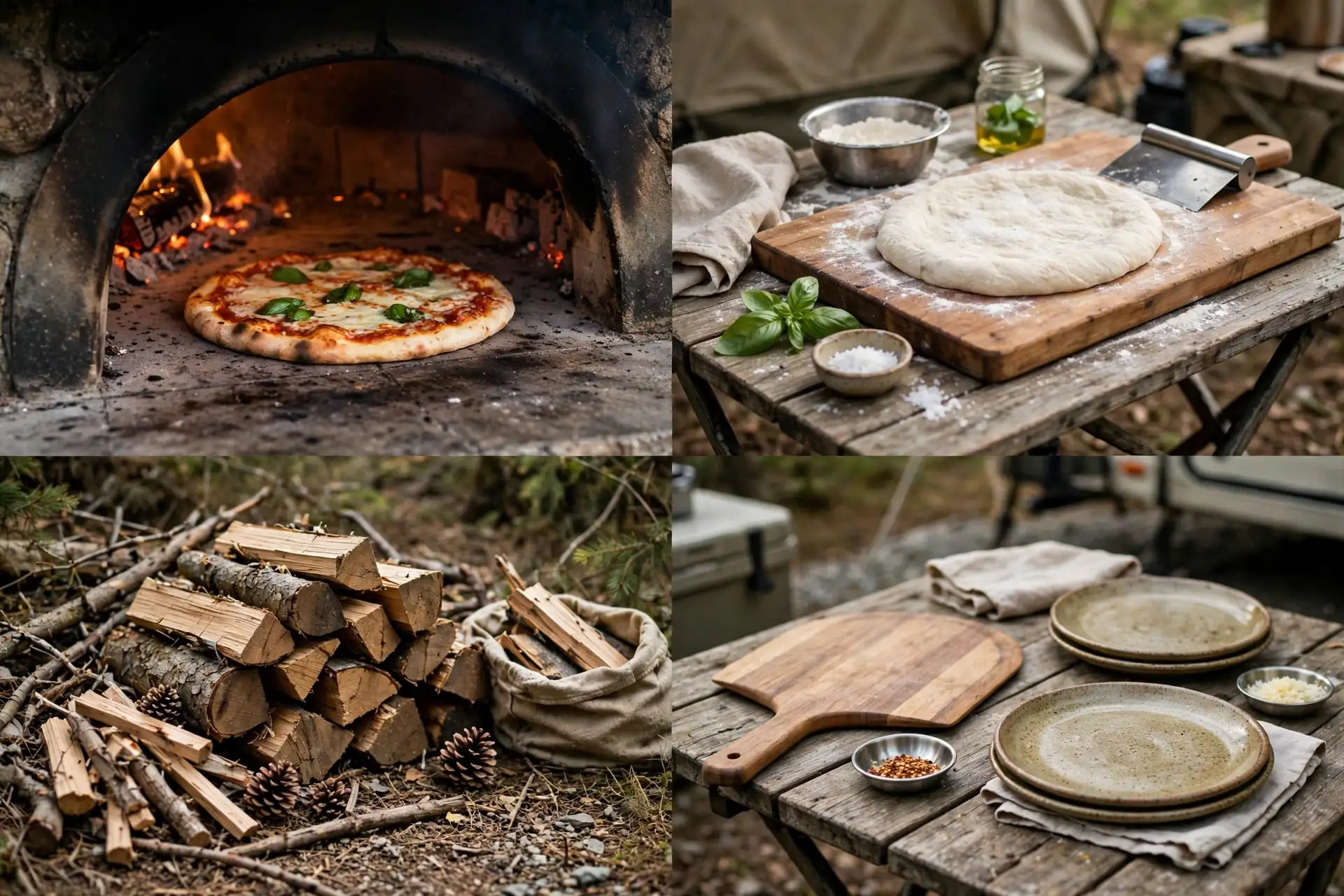 Detail collage of the pizza oven setup: oven, dough prep, wood fuel, serving peel