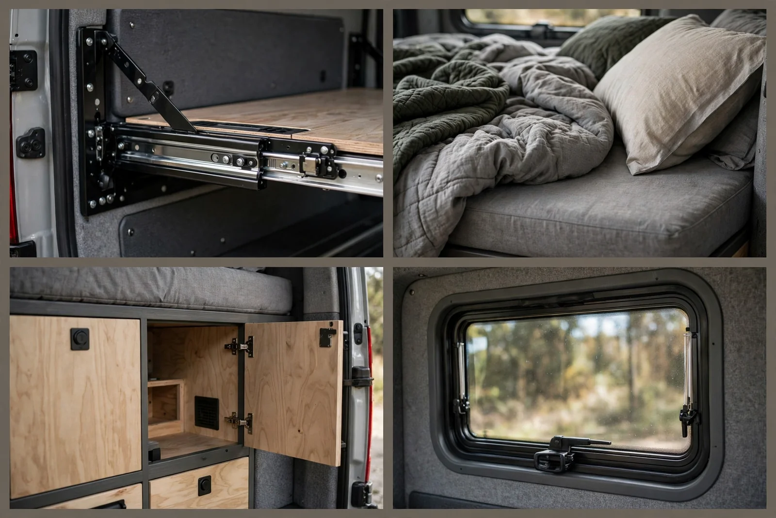Four-panel detail collage of the fixed rear bed with slide-out extension in a camper van, showing the metal slide mechanism, linen bedding, open light wood side cabinets, and a rear side window
