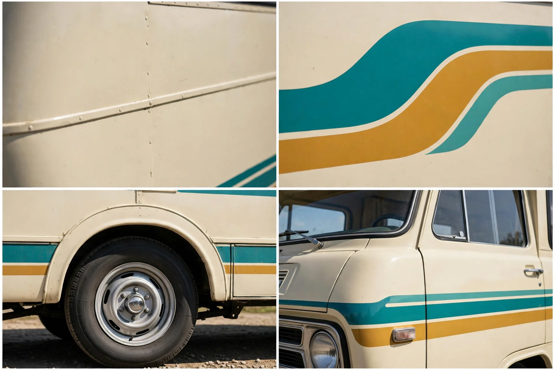 Four-panel detail collage of the retro cream and teal motorhome design