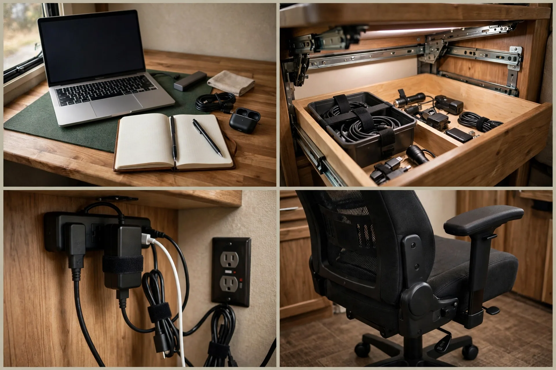 Four-panel detail collage of the RV slide-out desk drawer showing the desk surface, drawer rails and storage, power and cable setup, and ergonomic chair