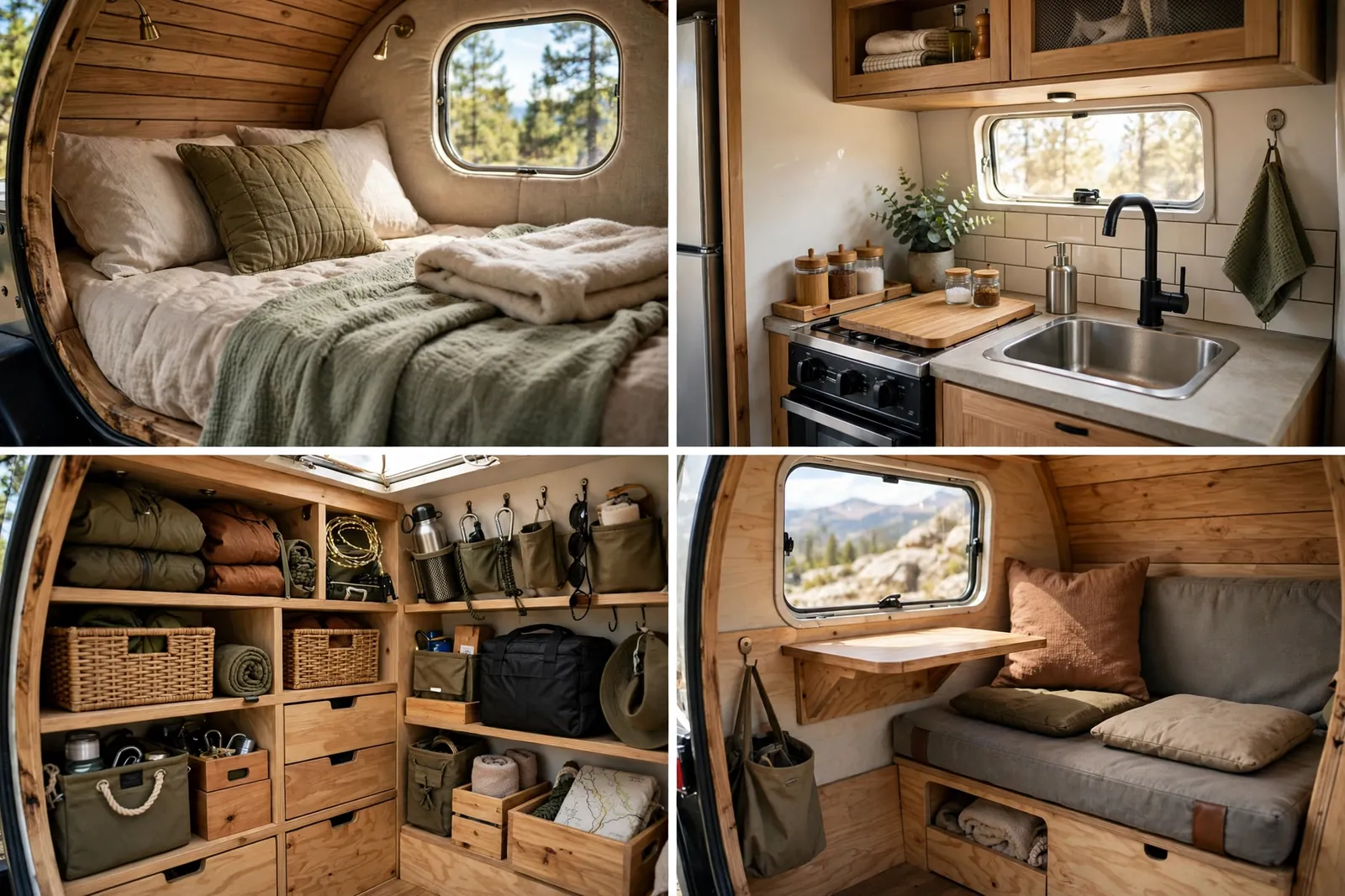 Four-panel collage of the off-road bean trailer interior showing a cozy bed, compact kitchenette, organized storage, and seating area