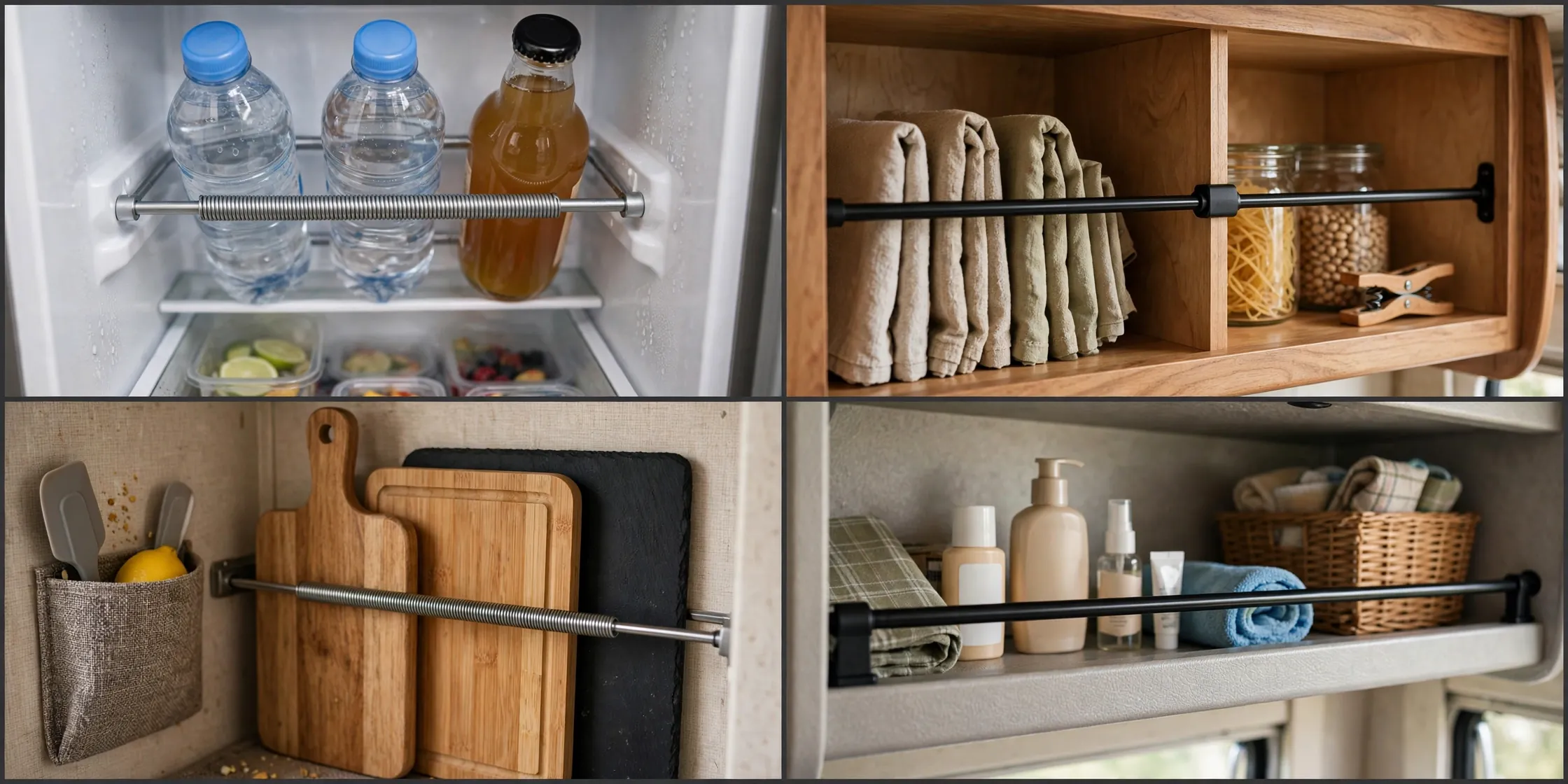 Close-up details of tension rods in an RV: fridge bottles, cabinet dividers, cutting boards and shelf guards