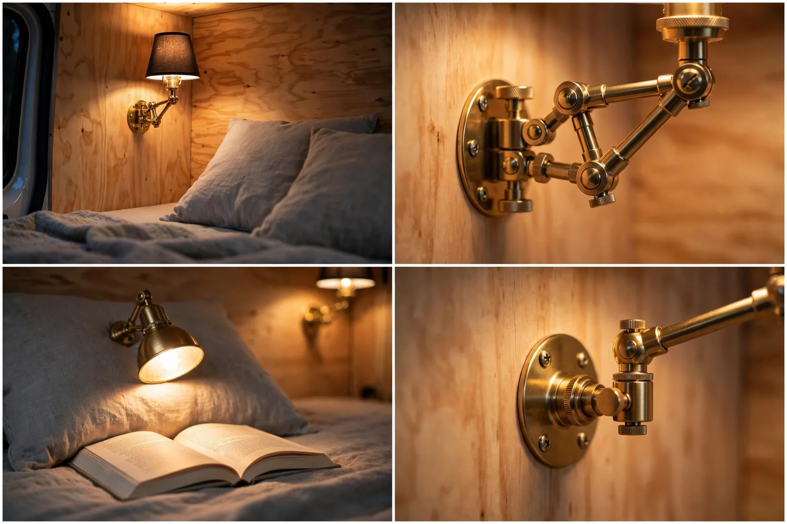 Four-panel detail collage of wall sconce reading lights beside a camper van bed showing a glowing sconce, adjustable arm detail, light on a pillow, and the wall mount