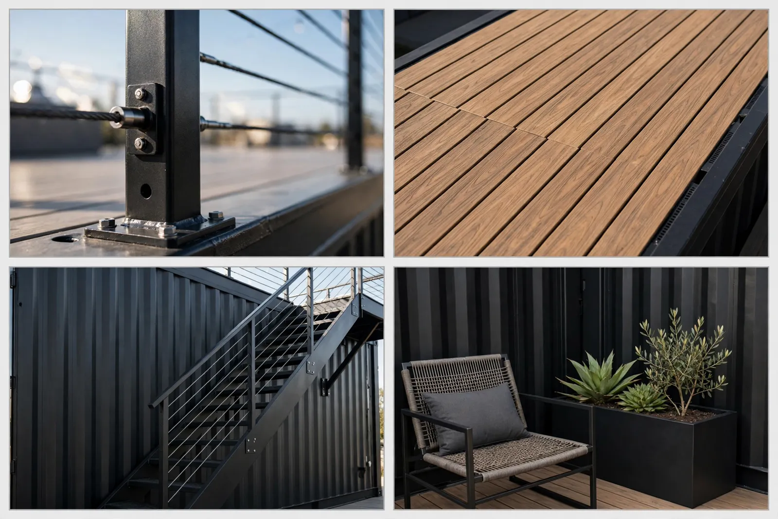Four-panel collage: steel railing post detail, rooftop deck flooring, external staircase on black wall, deck planter corner