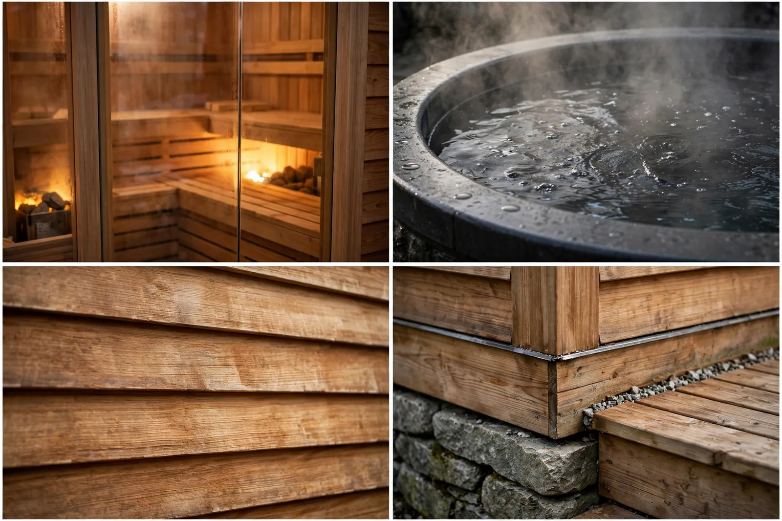 Four-panel collage: sauna interior, plunge pool, cedar siding, stone foundation
