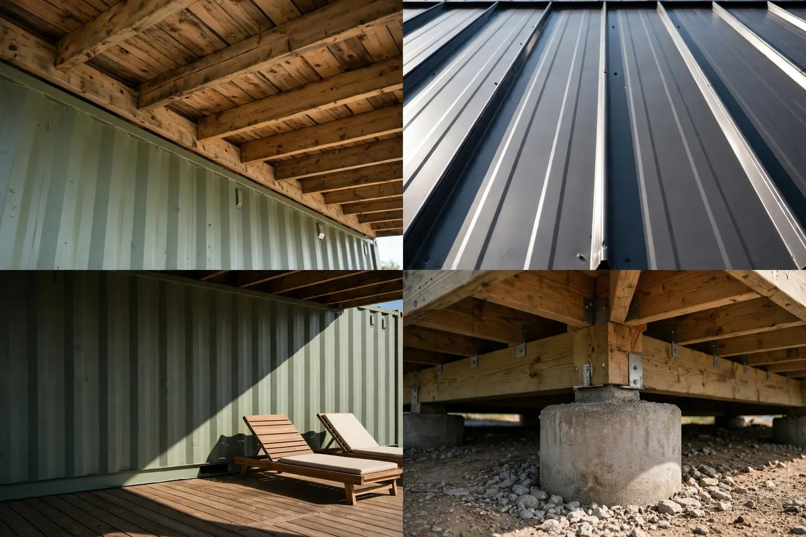 Four detail photos of a deep-overhang metal roof: timber purlins and rafter tails under the eave over a sage-green container wall, close-up of standing-seam metal roofing, a deep overhang shadow line across a wooden deck with lounge chairs, and a concrete pier footing under the deck.