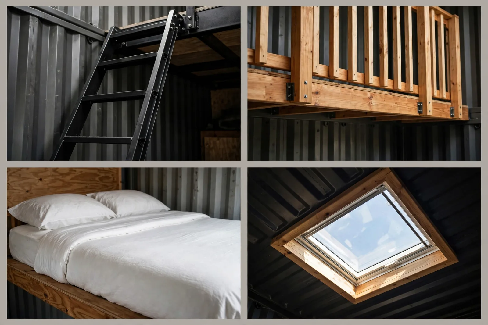 Loft deck details: steel ladder, wooden safety railing, loft mattress with white bedding, skylight glowing above