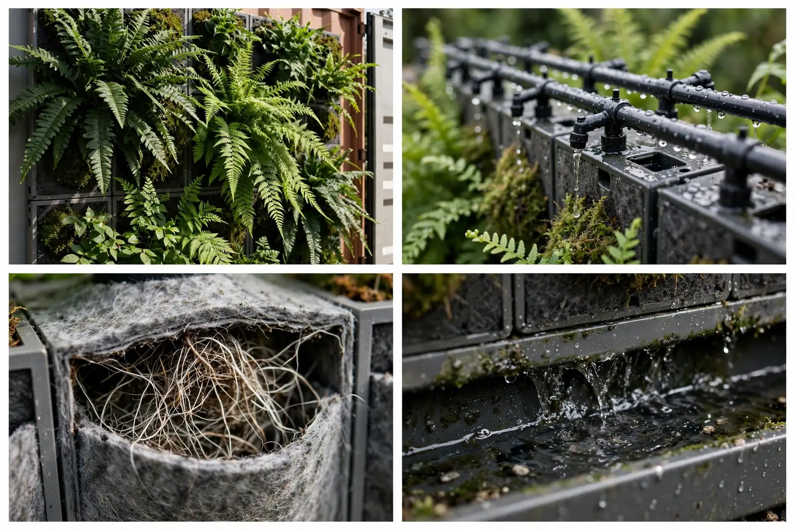Detail collage of the hydroponic living wall showing ferns in panels, drip irrigation lines, roots in felt pockets and the drainage trough
