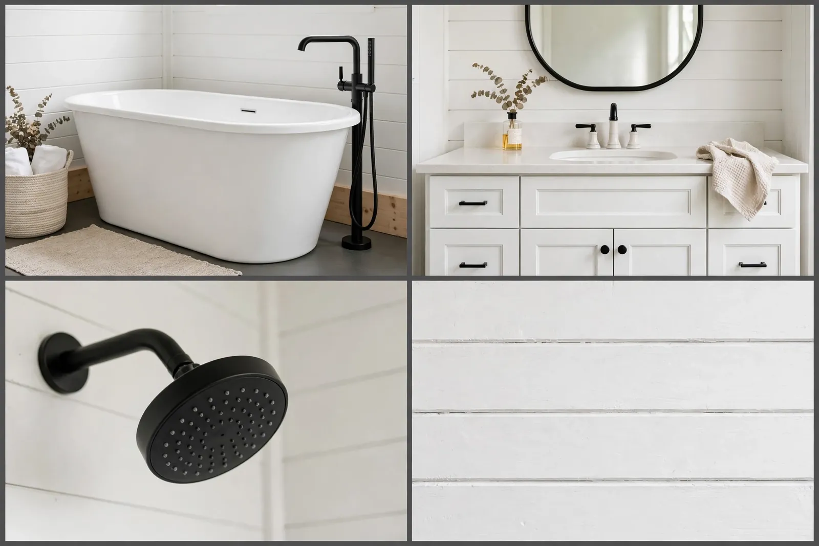 Four-panel collage of modern farmhouse bathroom details: freestanding tub with black filler, shaker vanity, black showerhead and shiplap texture