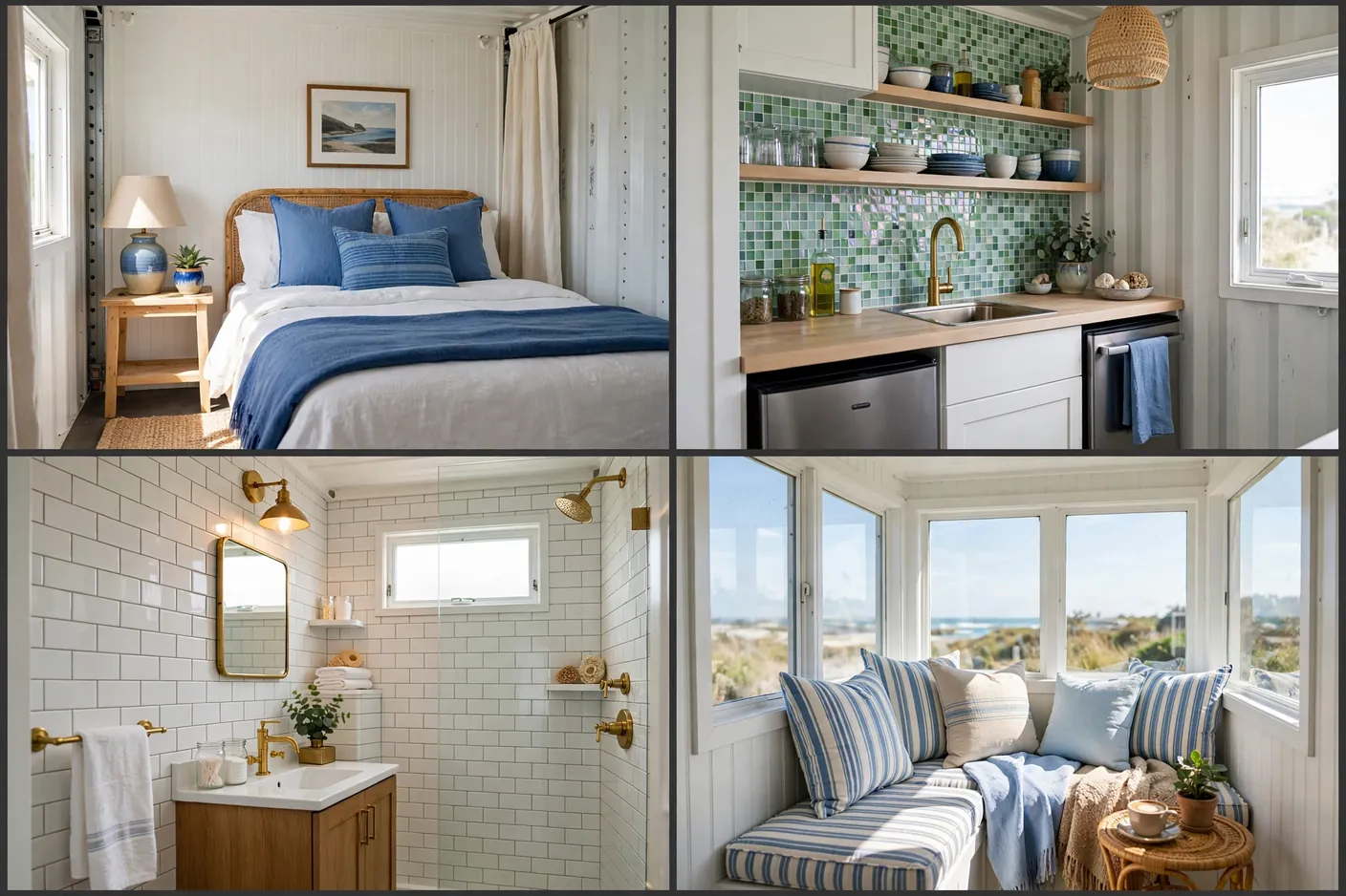 Four interior views of a coastal cottage container: bedroom, kitchenette, bathroom and window lounge