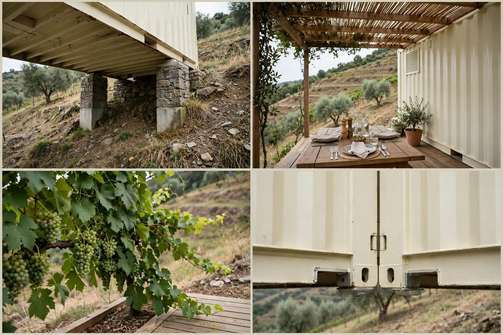 Four detail views of the Vineyard Slope Villa: stone-faced support piers, pergola deck dining area, vines at the deck edge, and the L-shaped container joint.