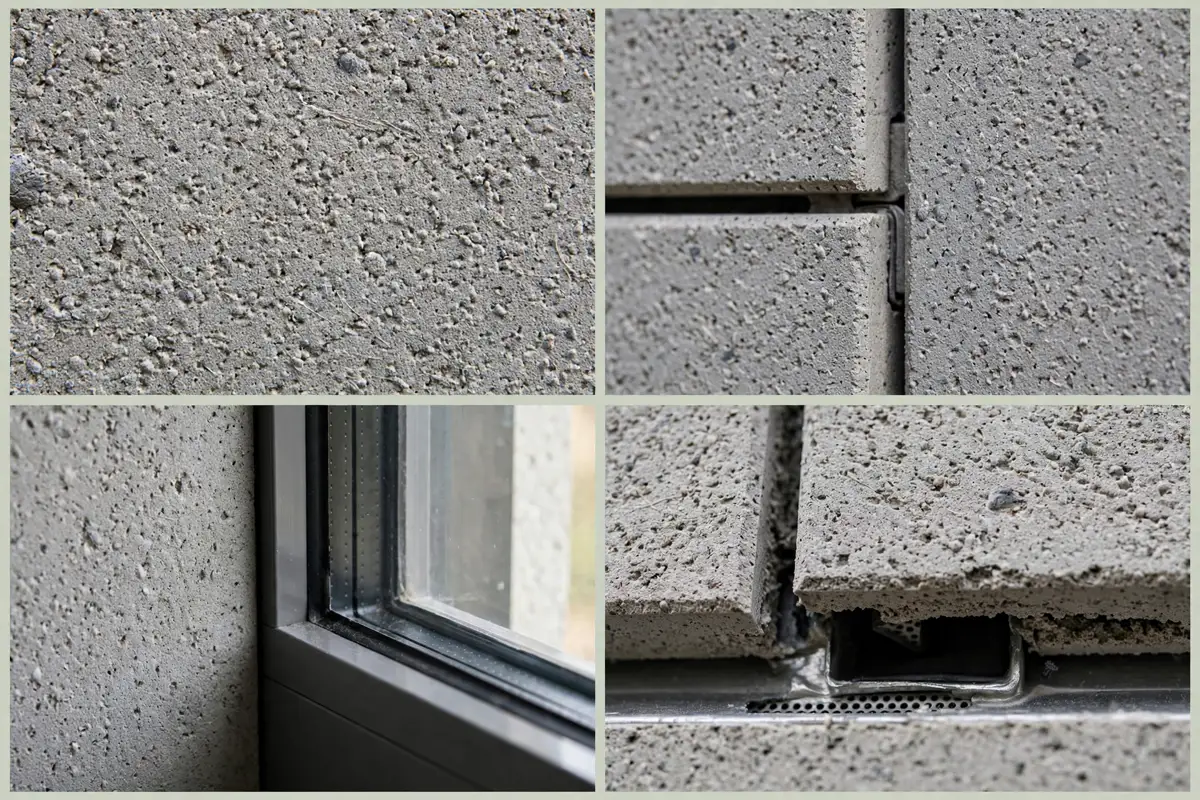 Fiber-cement details: panel texture, hidden fastener seam, panel-to-glass junction, and rain-screen ventilation gap