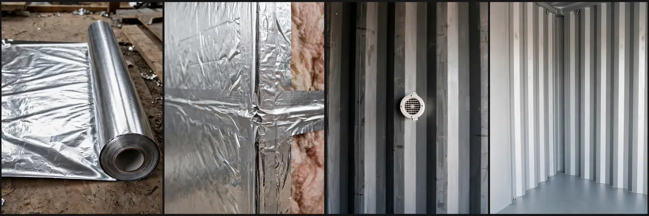 Vapor barrier details: foil membrane roll, taped membrane seams over insulation, wall ventilation vent, dry condensation-free steel wall