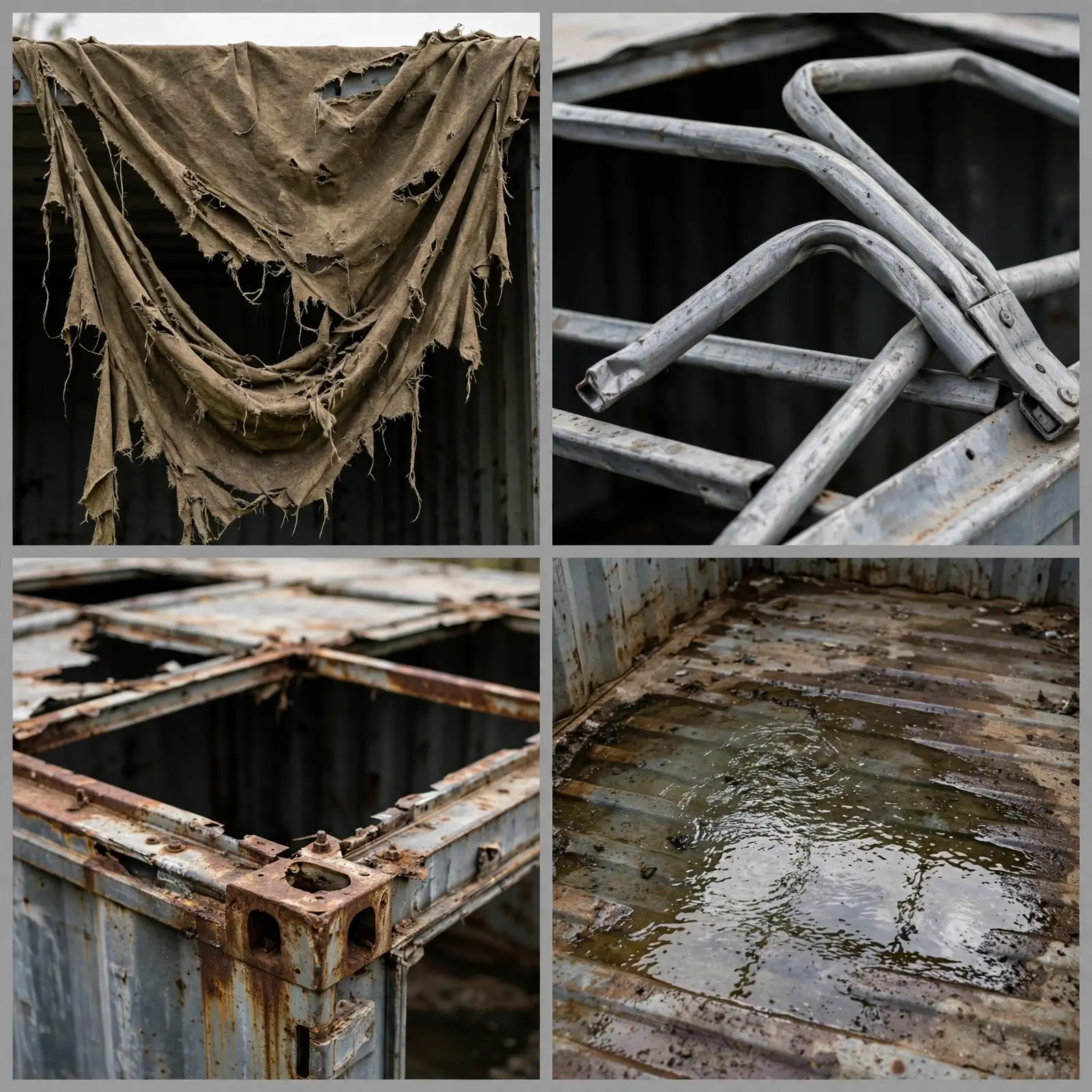 Detail collage of a torn tarp, bent roof bows, an open rusty roof frame and pooled water inside
