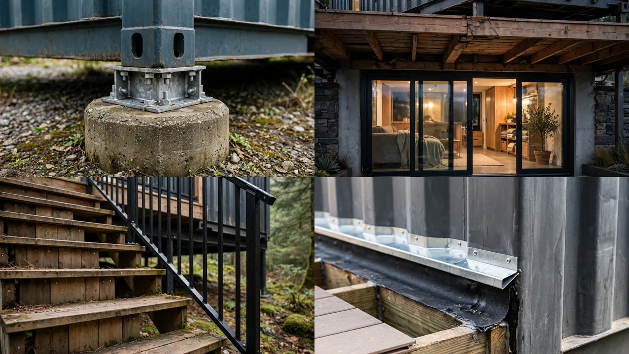 Close-up details of pier footings, lower-level glass doors, stairs, and deck flashing