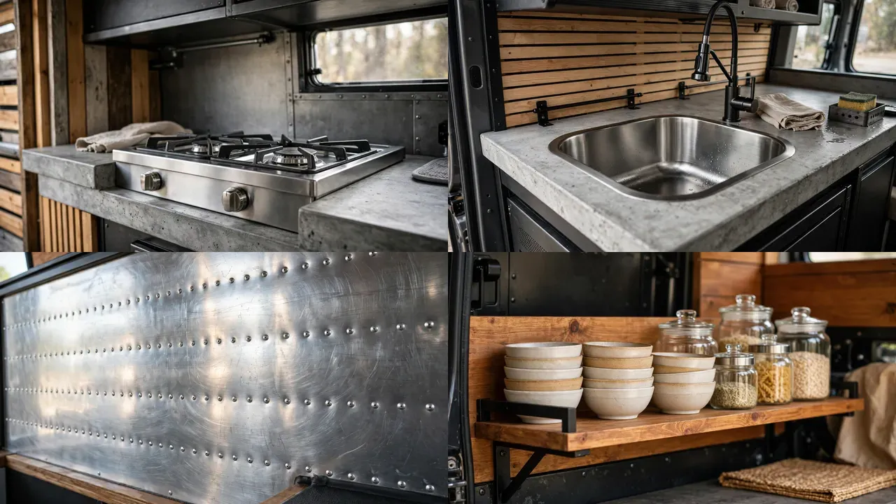 Close-up details of raised cooktop platform, deep sink, riveted backsplash and open shelving