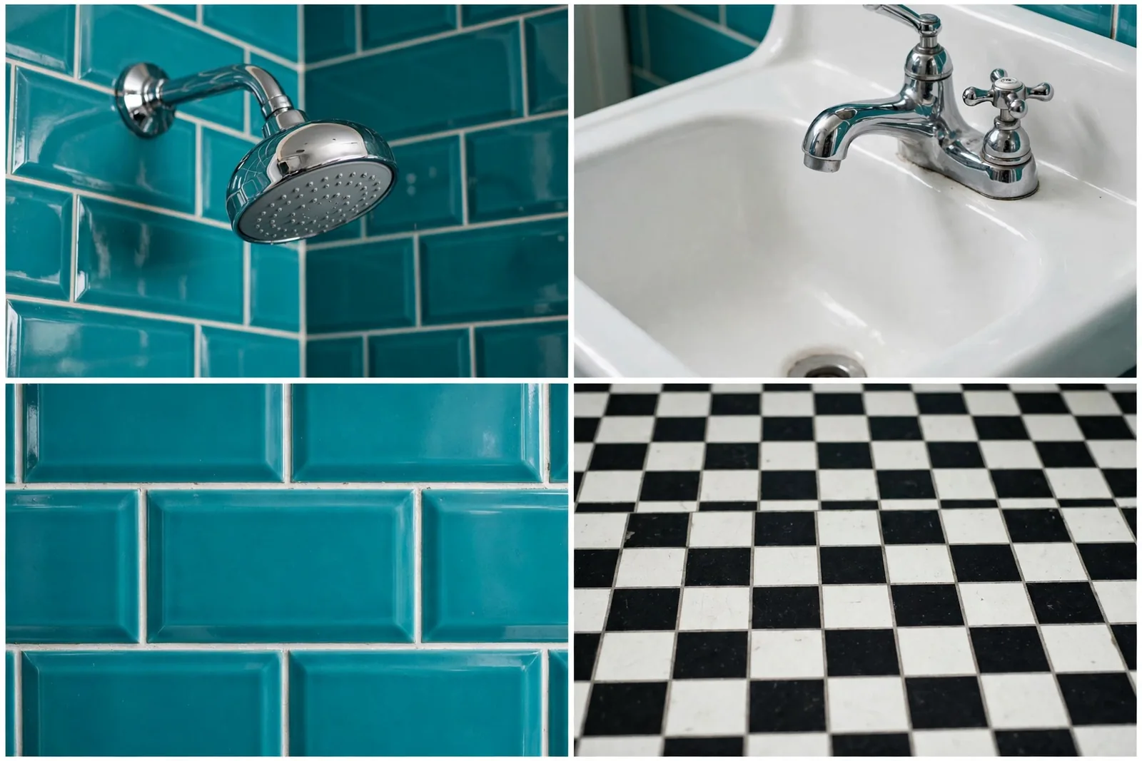 Detail collage: chrome showerhead, retro chrome faucet, teal tile, checkerboard floor
