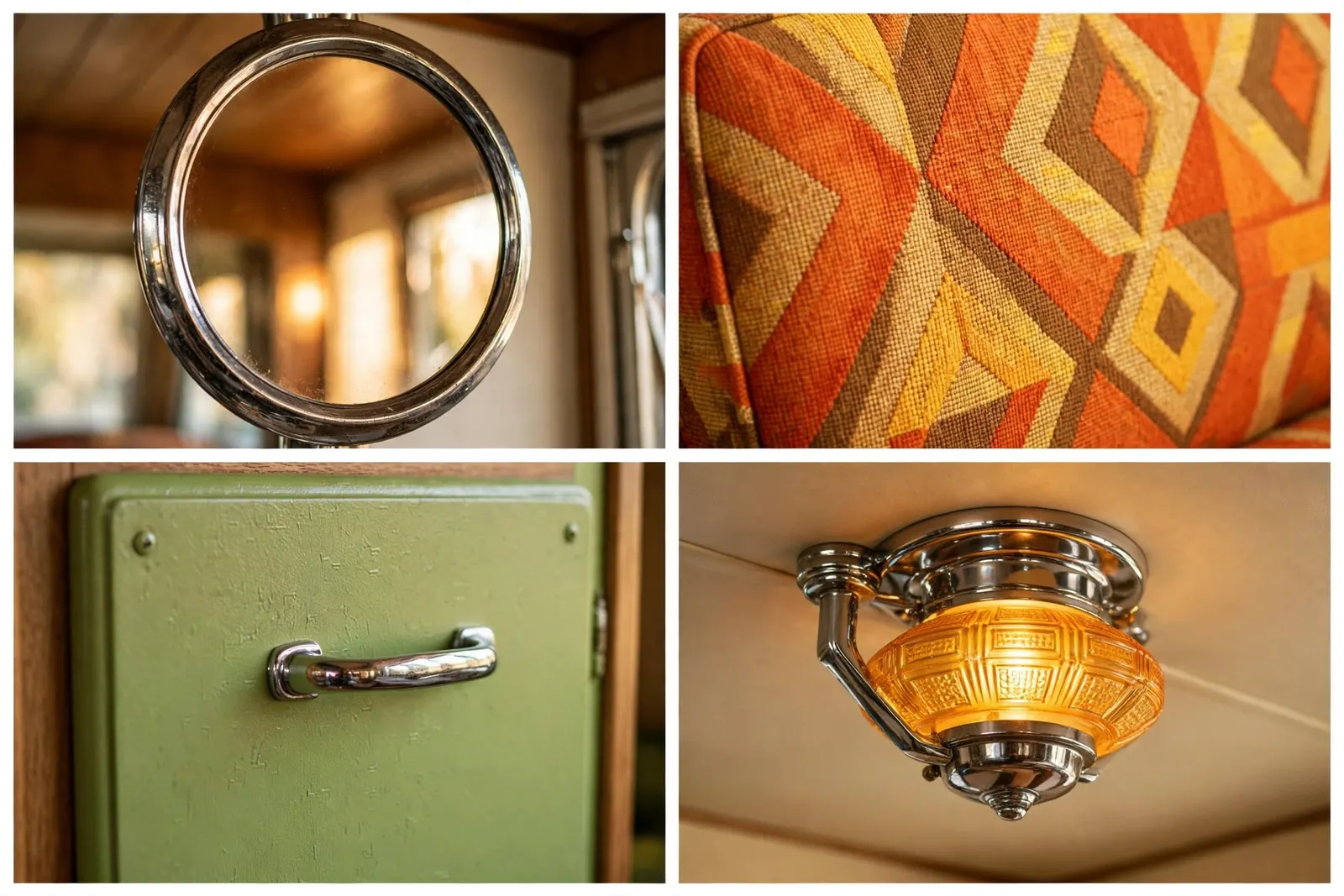Four close-up detail shots in a 2x2 grid: a round chrome-edged mirror, bold orange-and-gold geometric retro upholstery fabric, an avocado-green cabinet door with a chrome handle, and a glowing amber glass retro ceiling light in chrome.