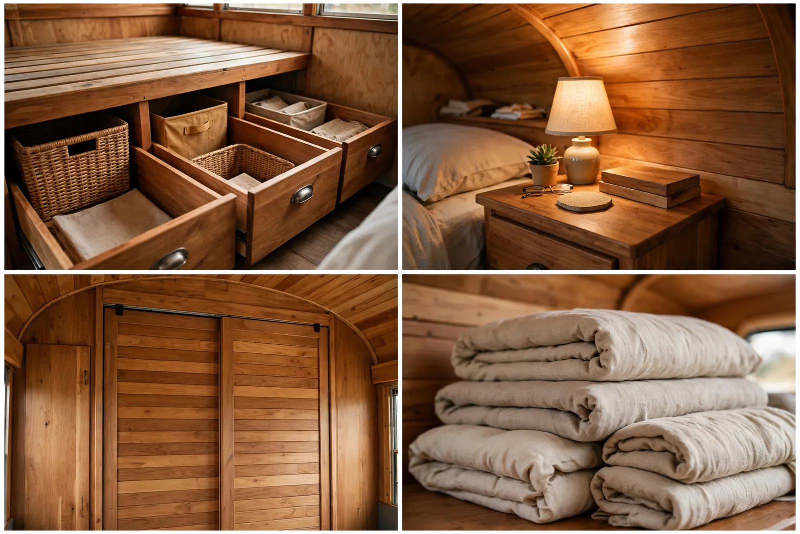 Master suite details: under-bed drawers, nightstand, wardrobe, linen bedding