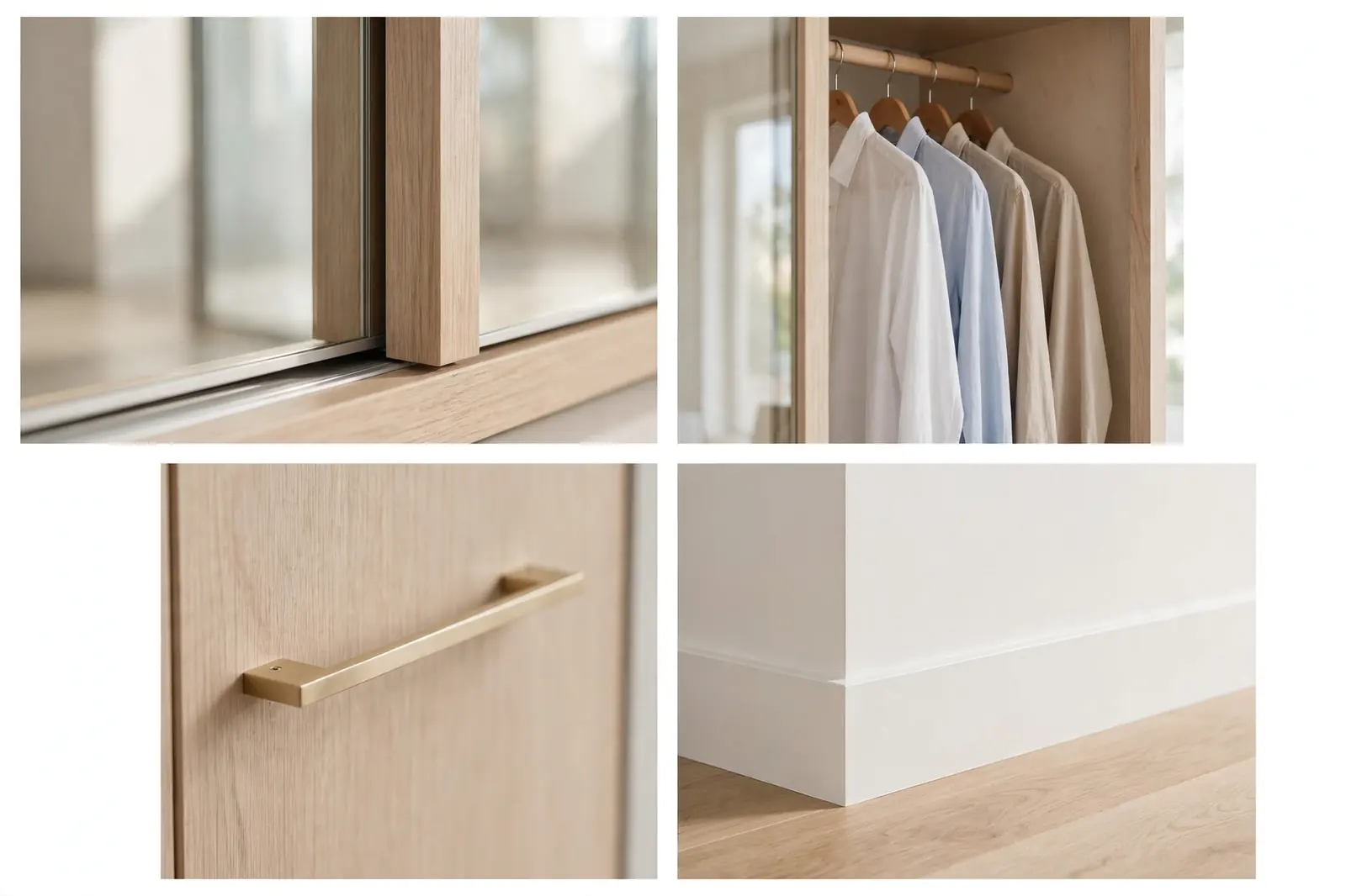 Four-panel collage showing mirror door detail, wardrobe interior with hanging clothes, handle close-up, and baseboard seam