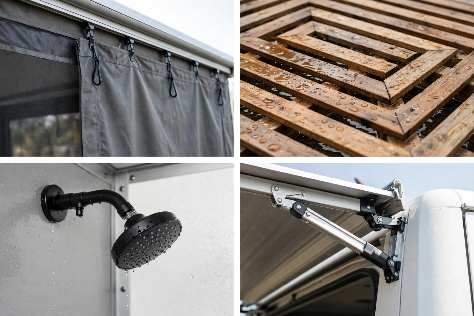 Four-panel collage: kitchen pod rails, staked awning pole foot, fold-down counter hinge, awning fabric edge