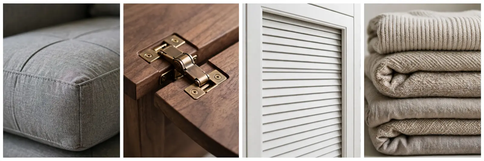 Four detail panels: gray upholstery seams, walnut table hinge, white tambour cabinet doors, folded neutral throws