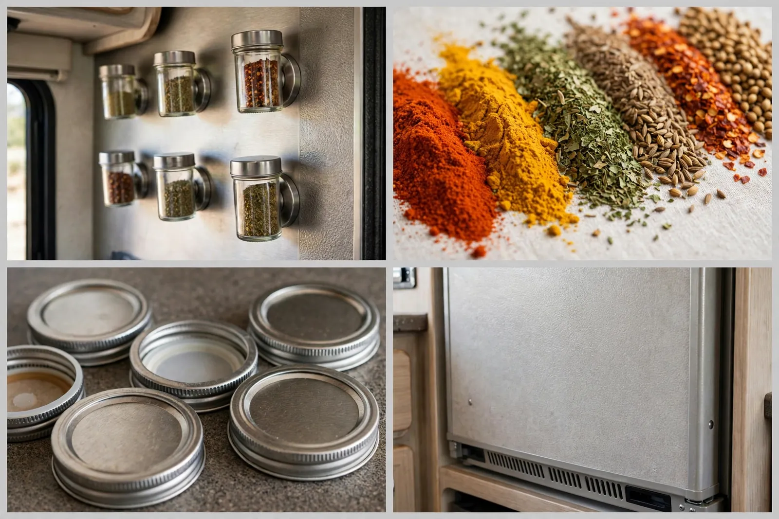Detail collage: magnetic spice jars on metal, colorful spices, jar lids, fridge side panel
