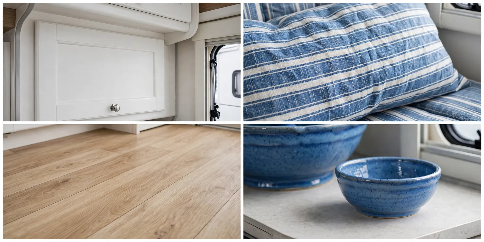 Coastal white and sea blue motorhome detail collage