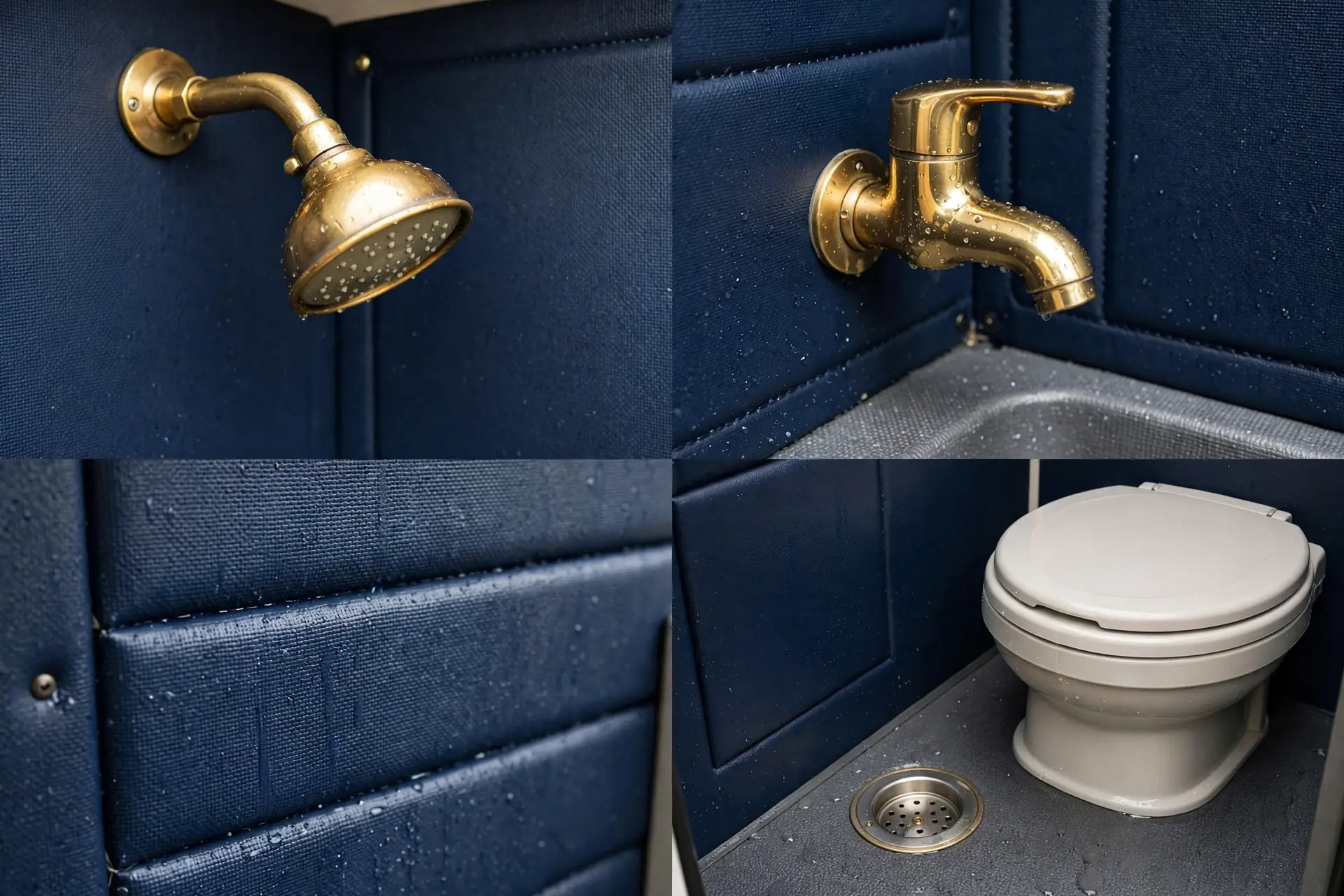 Close-up details of a navy and brass camper van wet bath: brass shower head, brass faucet, navy panels and floor drain