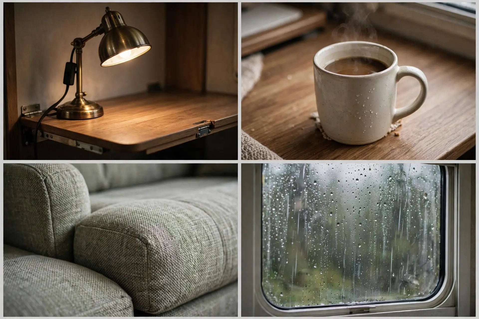 Close-up details of the RV fold-down desk nook: desk lamp, coffee mug, sofa fabric and window rain