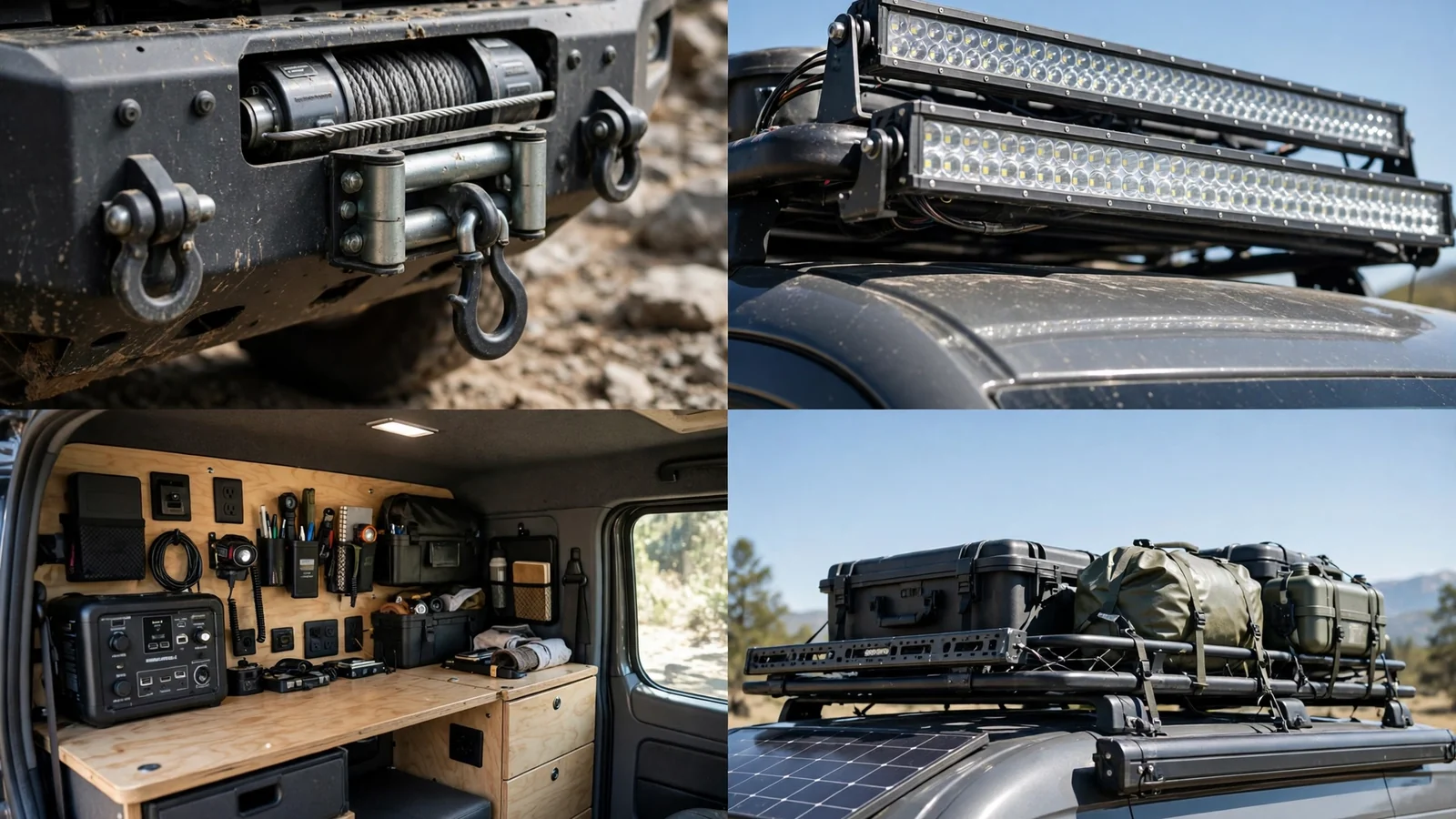 Four-panel detail collage of the Ridgeline Overland Van showing winch bumper, light bar, workstation and roof storage