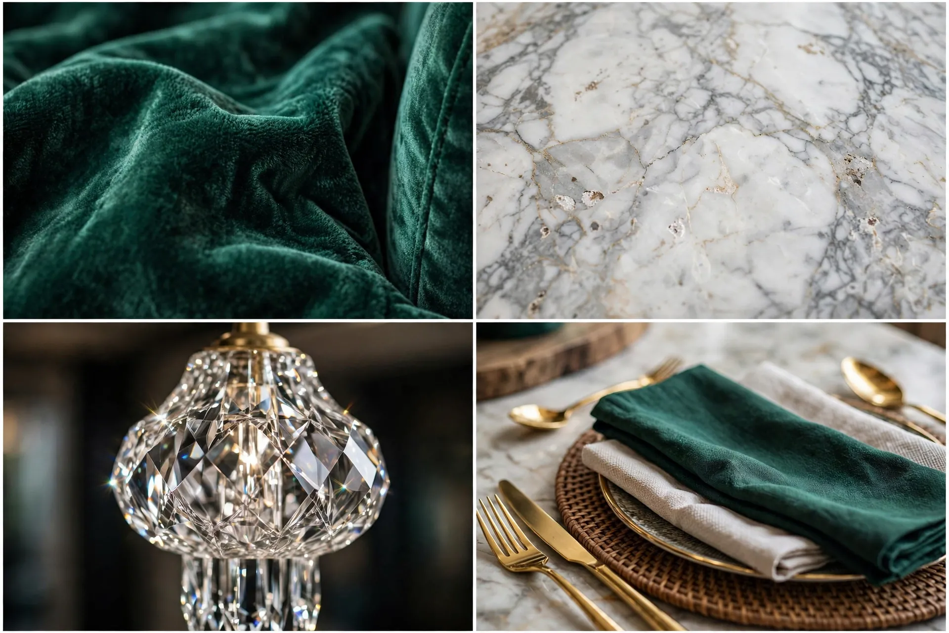 Detail collage of emerald velvet fabric, marble tabletop, crystal pendant and table setting