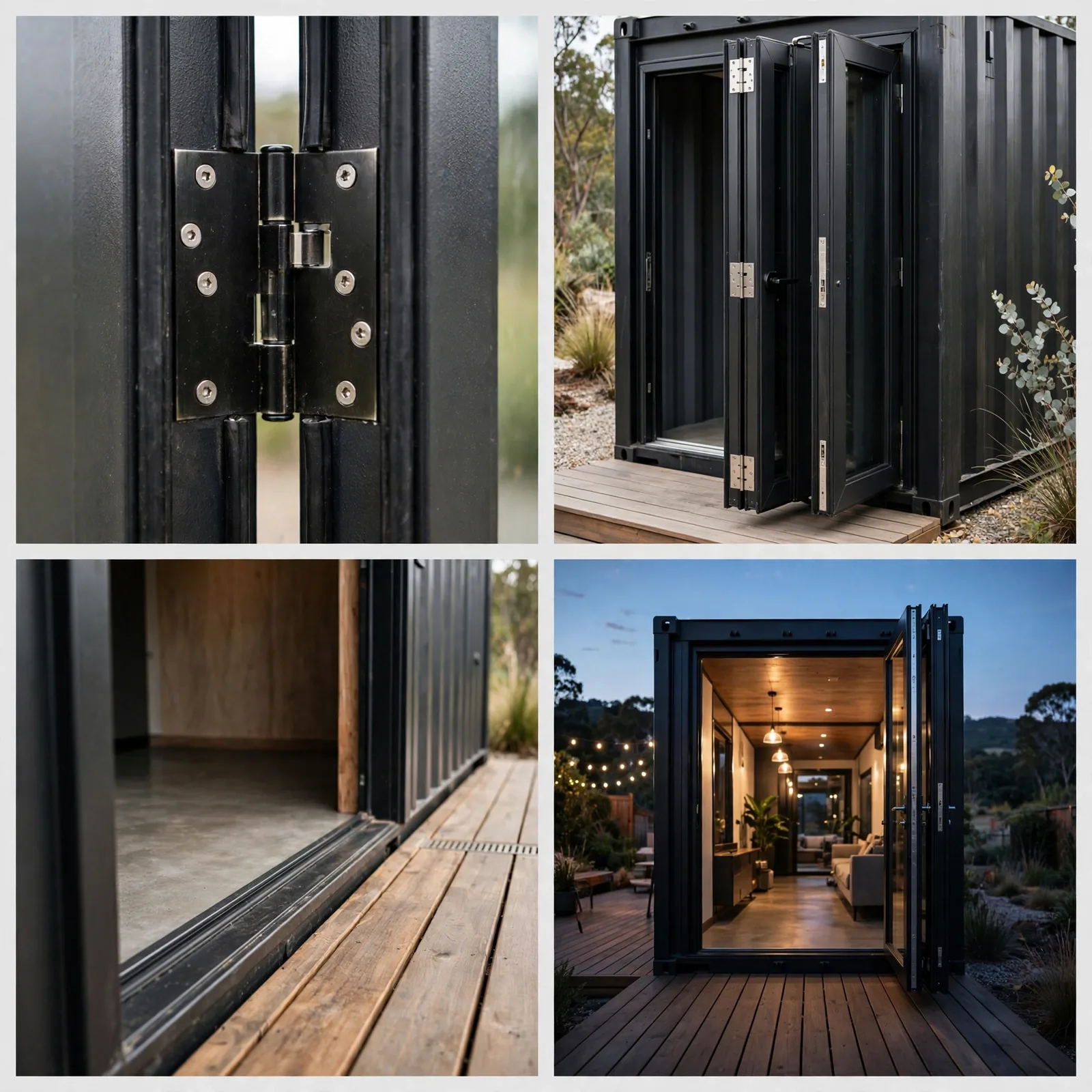 Four-panel collage of the bifold doors: folding hinge close-up, stacked open panels, flush floor threshold, evening view from the deck