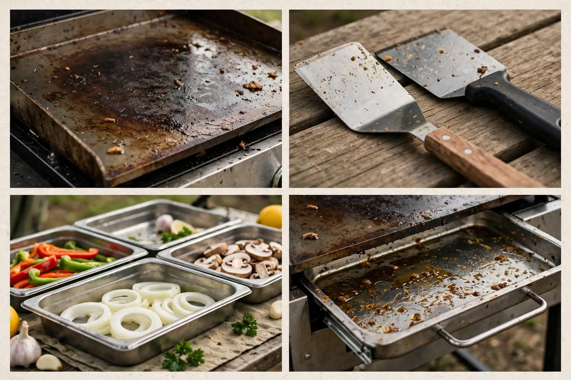 Detail collage of the griddle station: griddle surface, spatulas, prep trays, grease tray