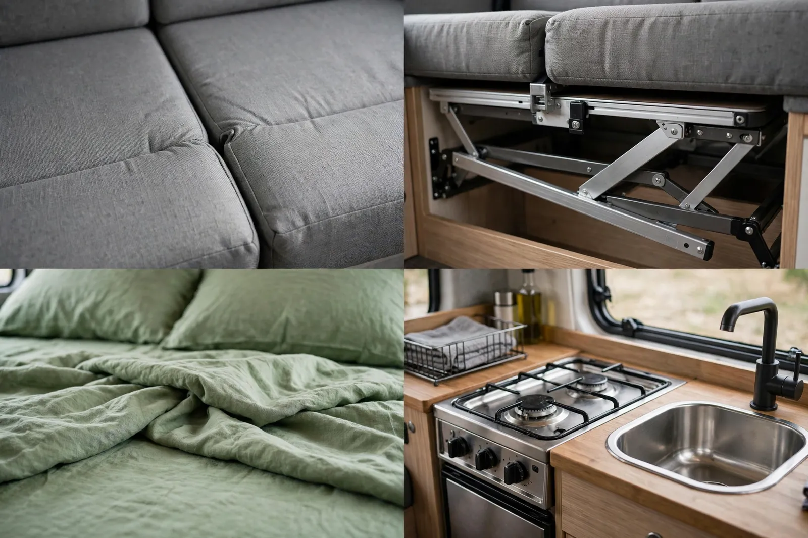 Four-panel detail collage of the convertible dinette-to-bed in a camper van, showing joined grey seat cushions, the lowered folding table mechanism, green linen bedding, and the nearby kitchen sink and stove area