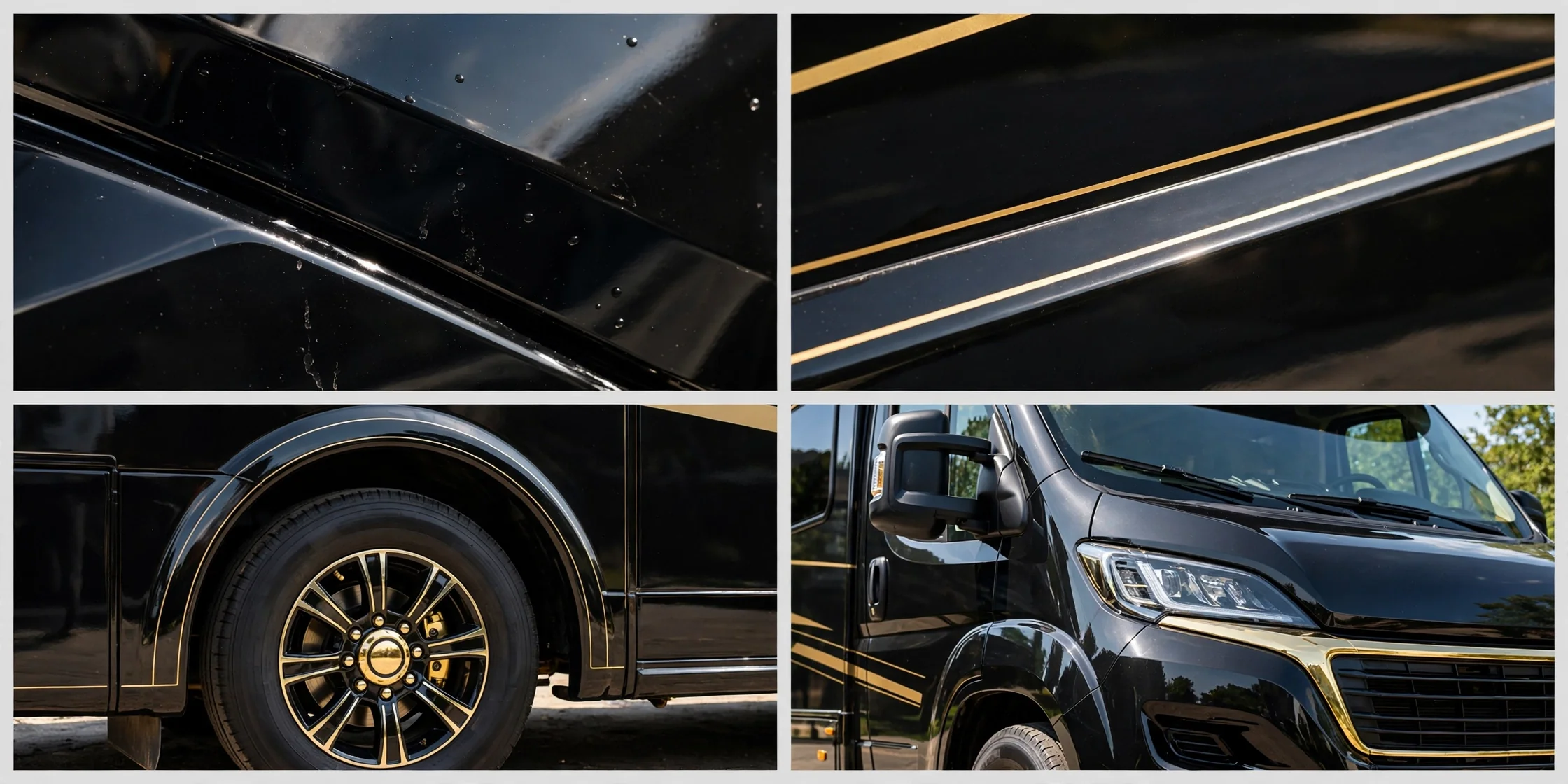 Four-panel detail collage of the gloss black and gold motorhome design