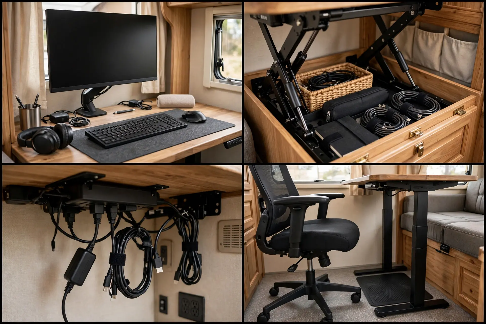 Four-panel detail collage of the RV standing desk converter showing the monitor and keyboard surface, lift mechanism and storage, power and cable setup, and chair with standing mat
