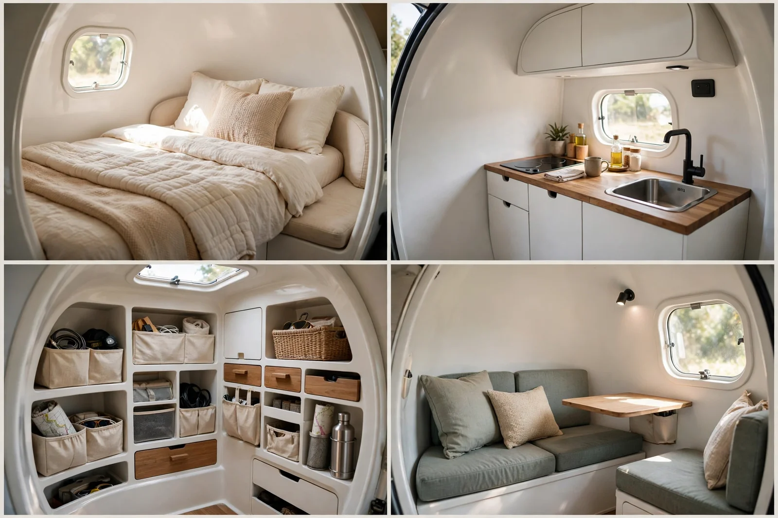 Four-panel collage of the fiberglass egg trailer bright interior showing a cozy bed, compact kitchenette, clever storage, and seating area