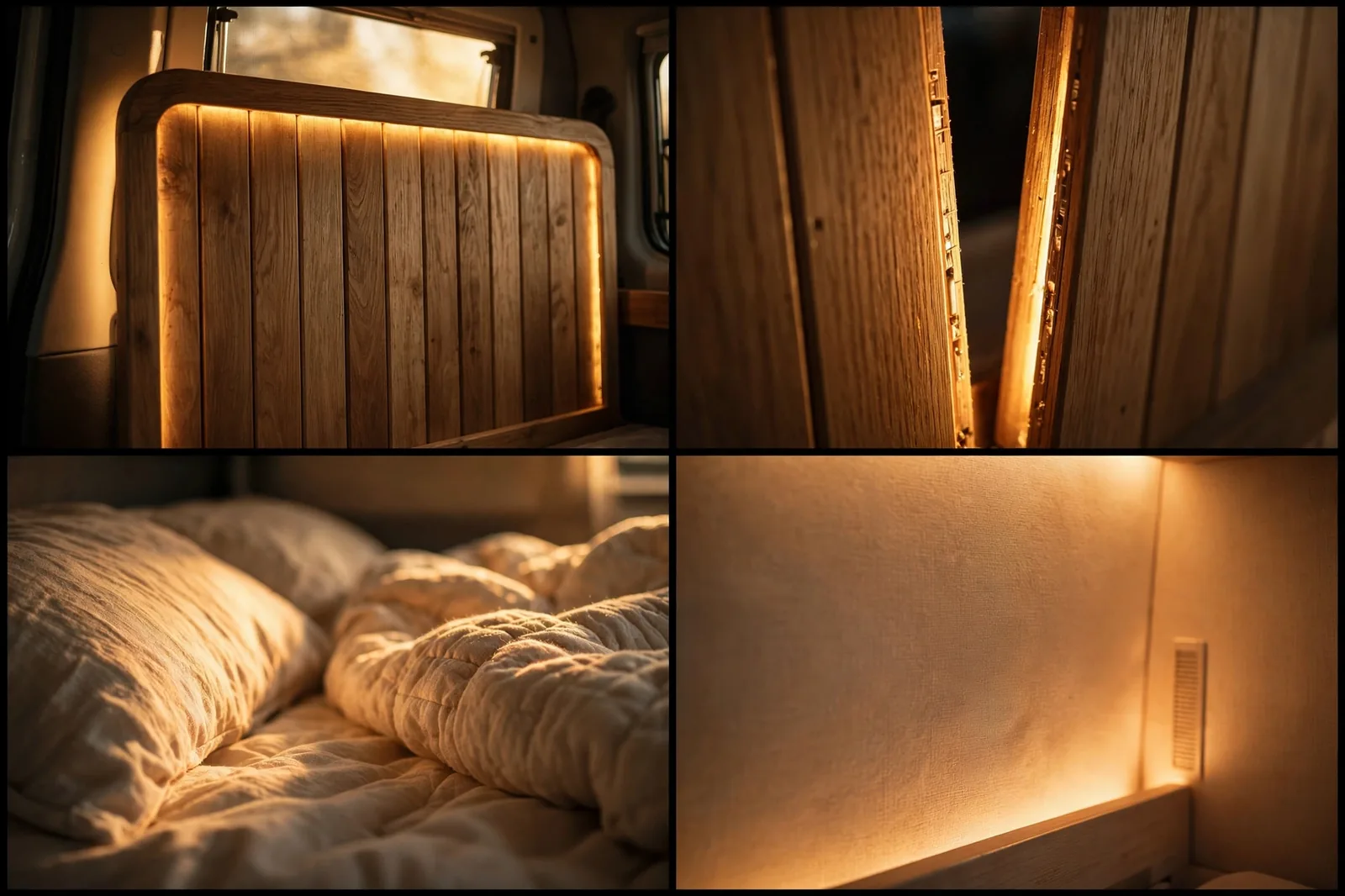 Four-panel detail collage of a backlit wooden headboard in a camper van showing the warm halo behind the panel, the gap detail, and glow on bedding and the wall