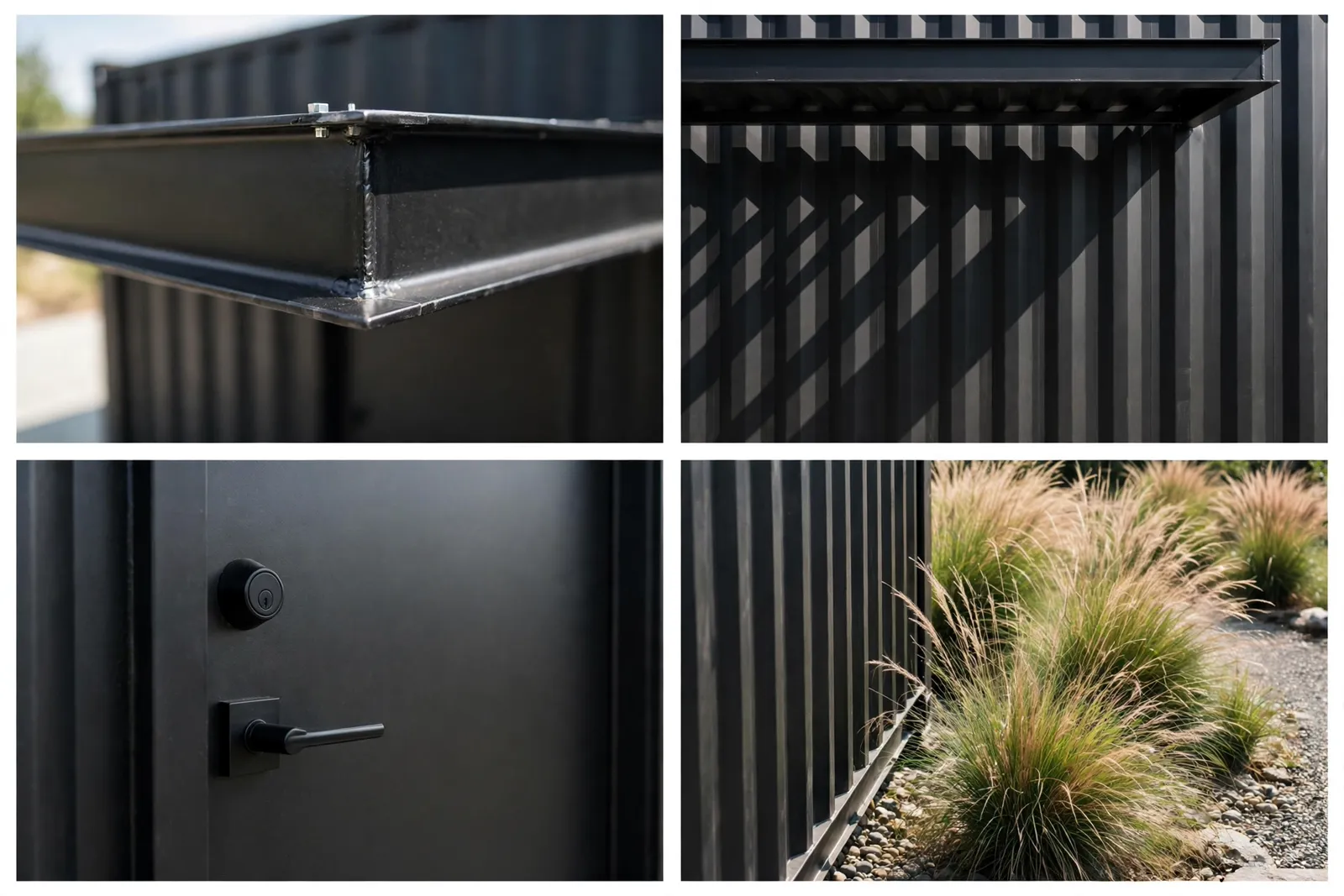 Four-panel collage: canopy steel edge detail, canopy shadow on black wall, minimalist door hardware, ornamental grasses by entry path