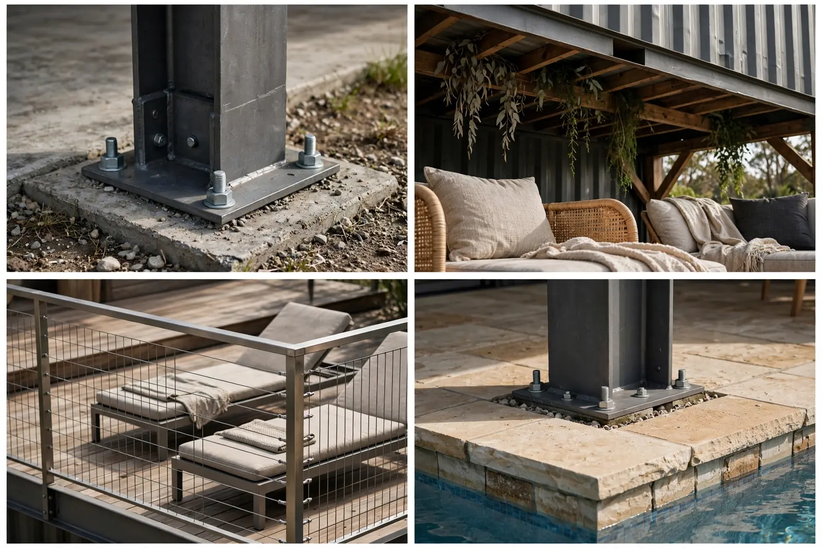 Four-panel collage: steel pillar, shaded lounge, rooftop deck, pool coping