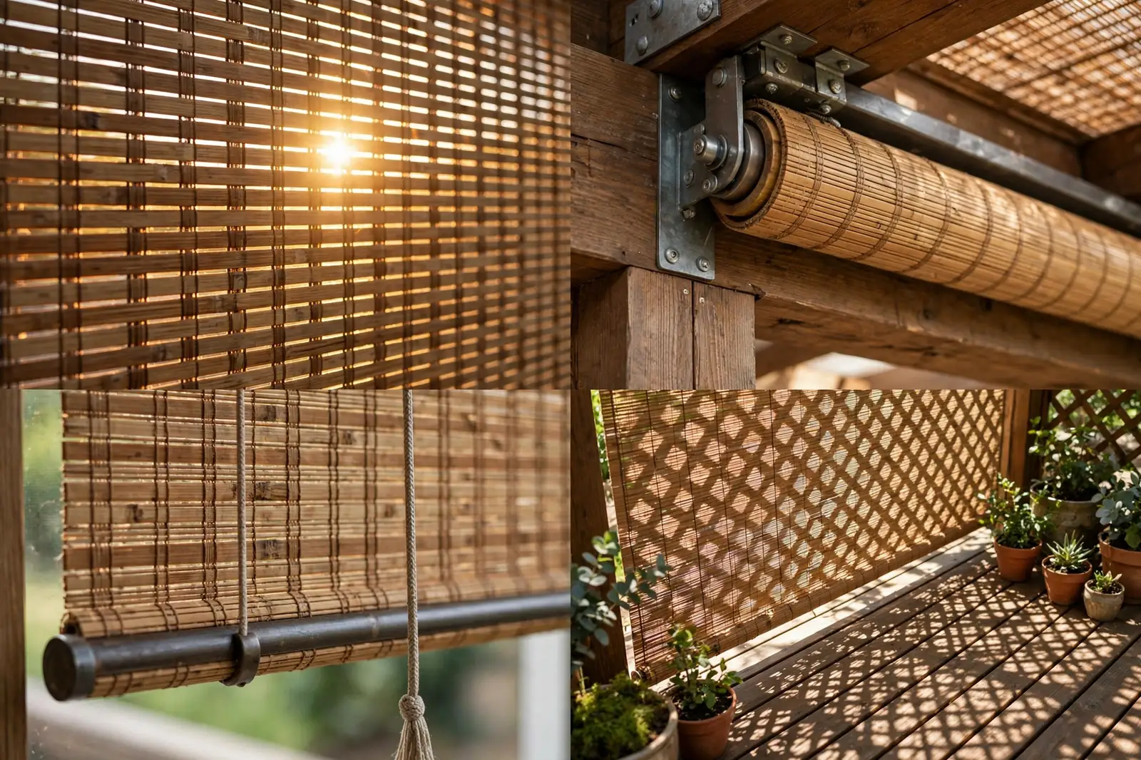 Four detail photos of bamboo shade screens: woven bamboo texture glowing backlit by sun, a bamboo roller tube with mounting brackets on a timber beam, a pull cord and weighted bottom bar, and dappled bamboo-filtered light on a wooden deck with potted plants.
