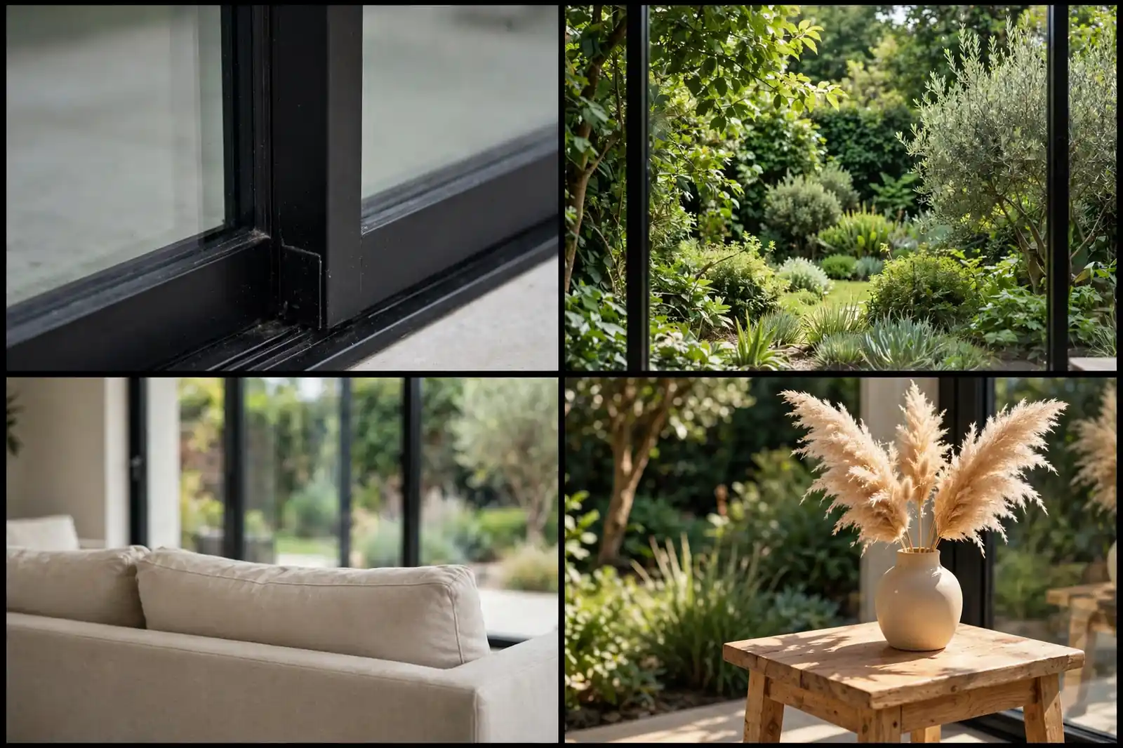 Glass end-wall details: slim black window frame, garden view, low beige sofa, side table with pampas grass vase