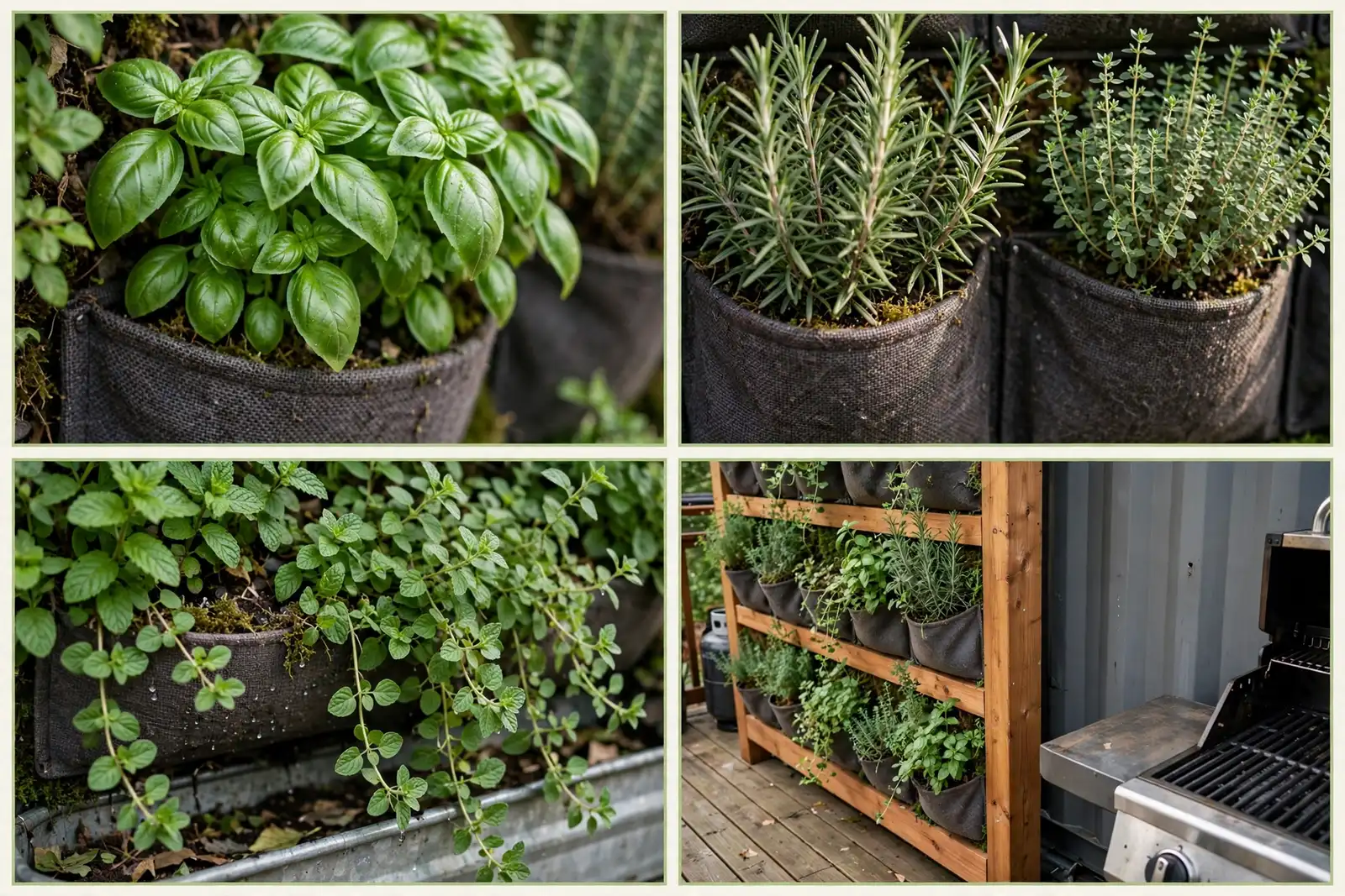Detail collage of the herb wall with basil, rosemary and thyme pockets, trailing mint and the grill deck beside it