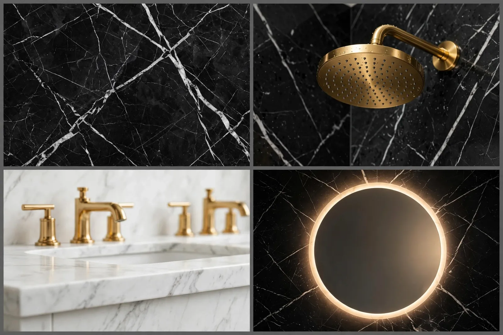 Four-panel collage of black marble bathroom details: marble veining, gold rainfall showerhead, marble vanity with gold faucets and backlit mirror